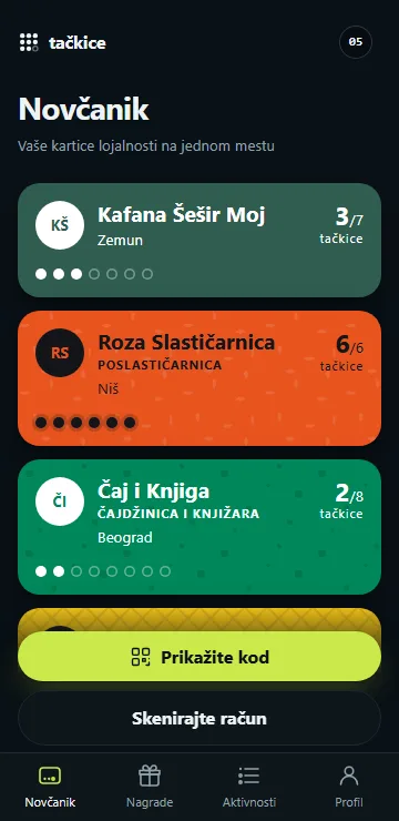 Novčanik sa dve kartice iz dva lokala, u istom telefonu.