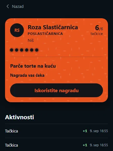 Kartica gosta sa punim nizom tačkica i nagradom koja čeka.